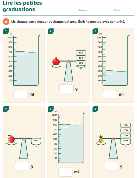 Aperçu de la fiche Mesures avec Fruits pour CE1 (cours élémentaire 1)