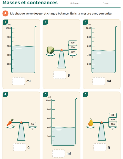 Aperçu de la fiche Mesures avec Légumes pour CE1 (cours élémentaire 1)