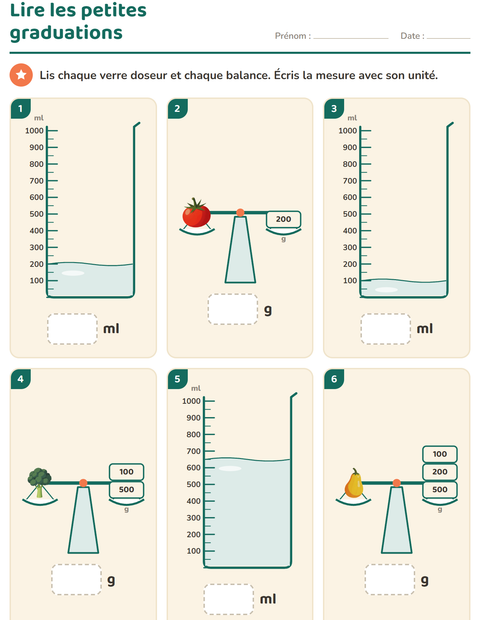 Aperçu de la fiche Mesures avec Légumes pour CE1 (cours élémentaire 1)