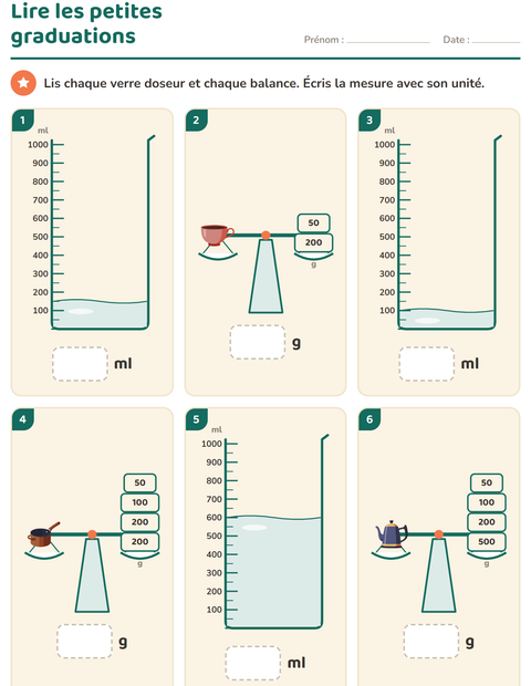 Aperçu de la fiche Mesures avec Ustensiles de cuisine pour CE1 (cours élémentaire 1)