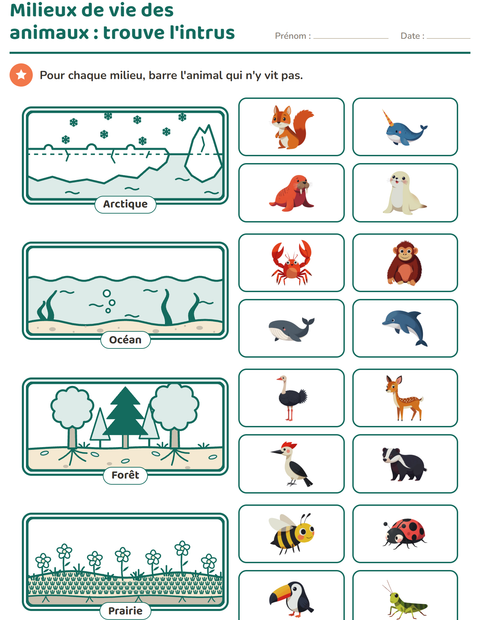 Milieux de vie des animaux : trouve l’intrus