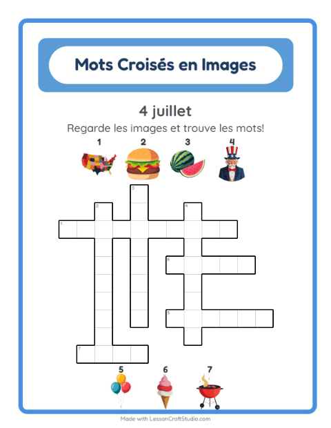 Aperçu de la fiche Mots Croisés avec 4 juillet pour CE1 (cours élémentaire 1)
