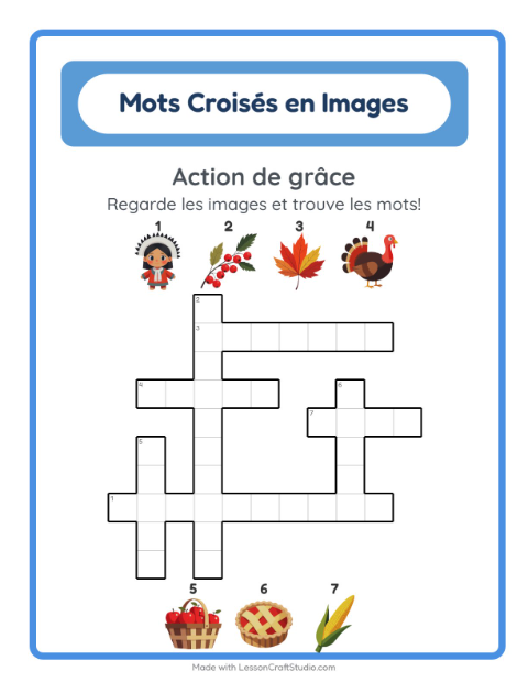Aperçu de la fiche Mots Croisés avec Action de grâce pour CE1 (cours élémentaire 1)