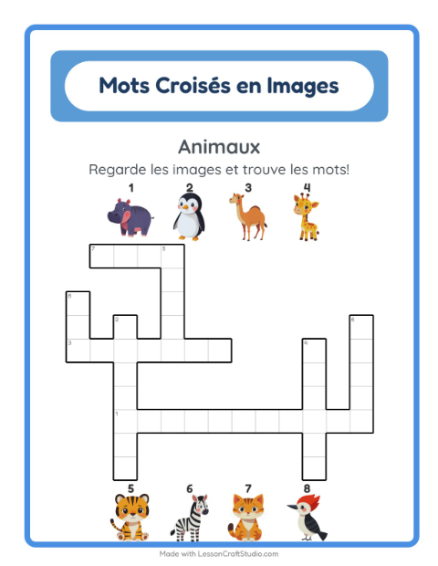 Aperçu de la fiche Mots Croisés avec Animaux pour CE1 (cours élémentaire 1)