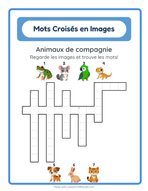 Aperçu de la fiche Mots Croisés avec Animaux de compagnie pour CE1 (cours élémentaire 1)