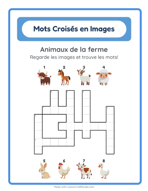 Aperçu de la fiche Mots Croisés avec Animaux de la ferme pour CE1 (cours élémentaire 1)