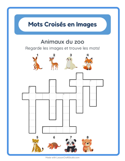 Aperçu de la fiche Mots Croisés avec Animaux du zoo pour CE1 (cours élémentaire 1)