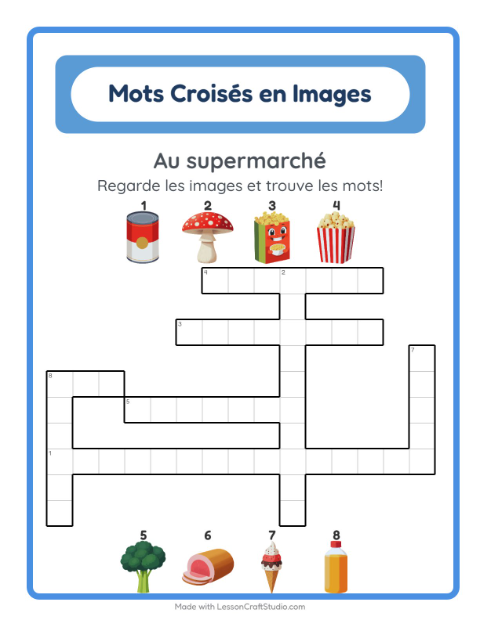 Aperçu de la fiche Mots Croisés avec Au supermarché pour CE1 (cours élémentaire 1)
