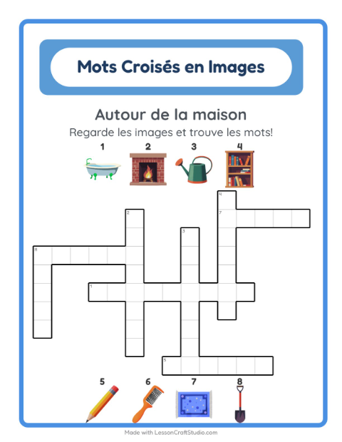 Aperçu de la fiche Mots Croisés avec Autour de la maison pour CE1 (cours élémentaire 1)