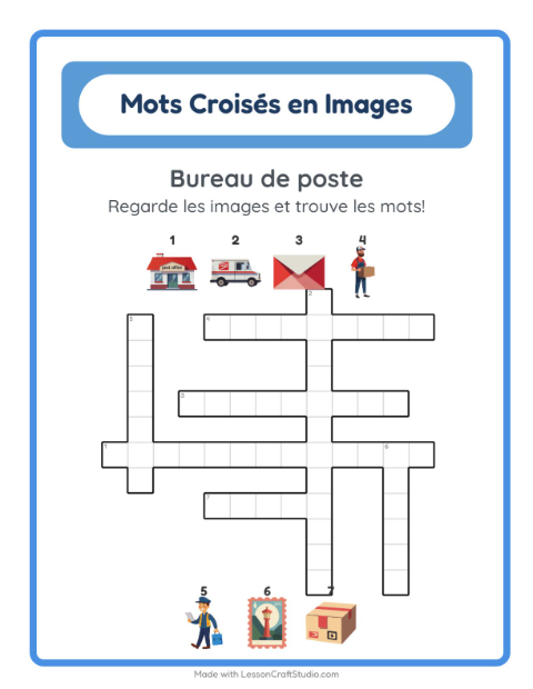 Aperçu de la fiche Mots Croisés avec Bureau de poste pour CE1 (cours élémentaire 1)