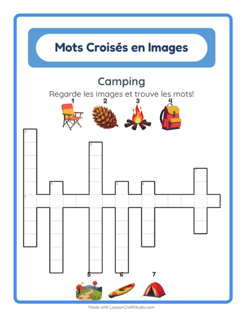 Aperçu de la fiche Mots Croisés avec Camping pour CE1 (cours élémentaire 1)