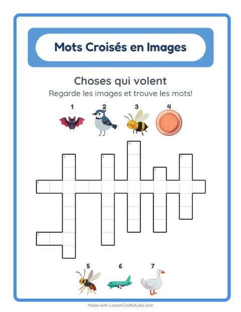 Aperçu de la fiche Mots Croisés avec Choses qui volent pour CE1 (cours élémentaire 1)