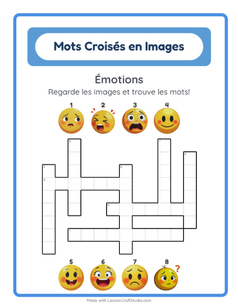 Aperçu de la fiche Mots Croisés avec Émotions pour CE1 (cours élémentaire 1)