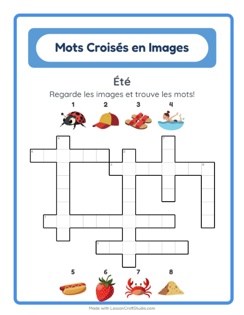 Aperçu de la fiche Mots Croisés avec Été pour CE1 (cours élémentaire 1)