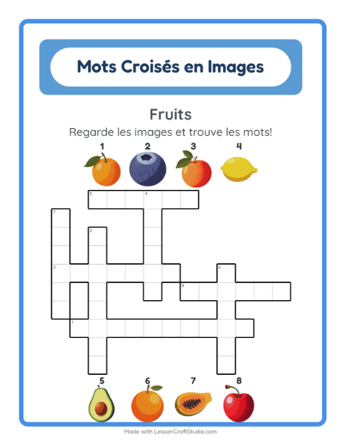 Aperçu de la fiche Mots Croisés avec Fruits pour CE1 (cours élémentaire 1)