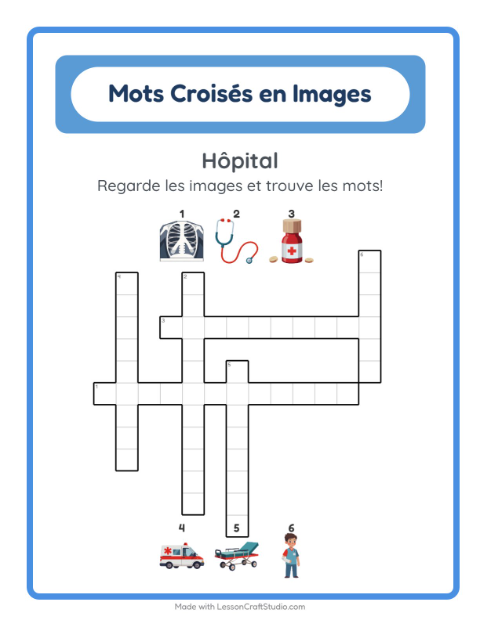 Aperçu de la fiche Mots Croisés avec Hôpital pour CE1 (cours élémentaire 1)