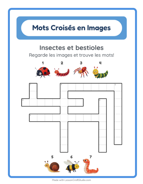 Aperçu de la fiche Mots Croisés avec Insectes et bestioles pour CE1 (cours élémentaire 1)