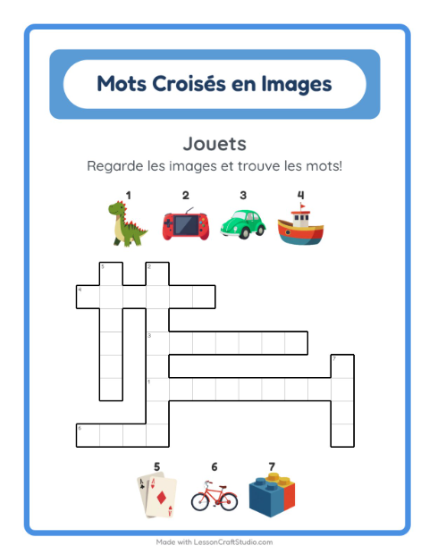 Aperçu de la fiche Mots Croisés avec Jouets pour CE1 (cours élémentaire 1)