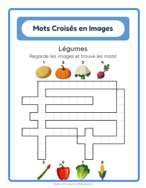 Aperçu de la fiche Mots Croisés avec Légumes pour CE1 (cours élémentaire 1)