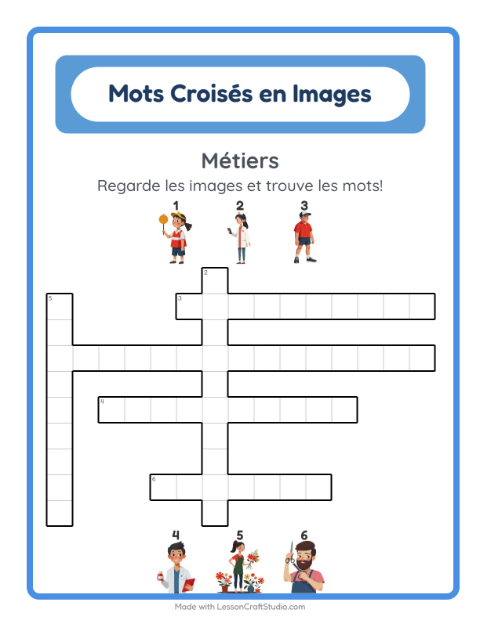 Aperçu de la fiche Mots Croisés avec Métiers pour CE1 (cours élémentaire 1)