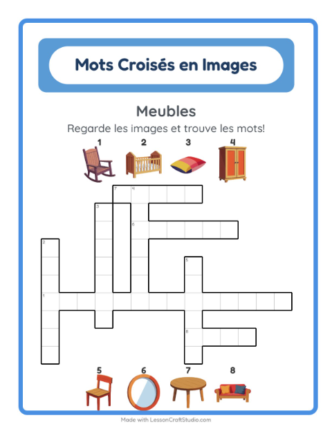 Aperçu de la fiche Mots Croisés avec Meubles pour CE1 (cours élémentaire 1)