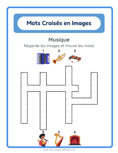 Aperçu de la fiche Mots Croisés avec Musique pour CE1 (cours élémentaire 1)