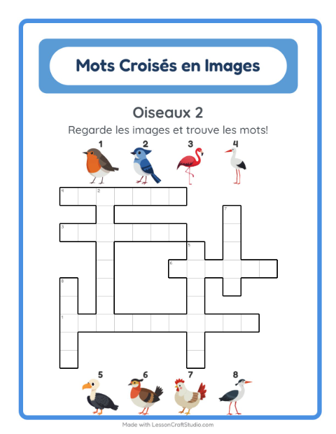 Aperçu de la fiche Mots Croisés avec Oiseaux 2 pour CE1 (cours élémentaire 1)