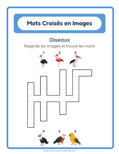 Aperçu de la fiche Mots Croisés avec Oiseaux pour CE1 (cours élémentaire 1)