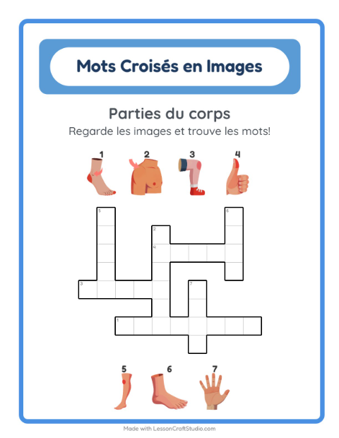 Aperçu de la fiche Mots Croisés avec Parties du corps pour CE1 (cours élémentaire 1)