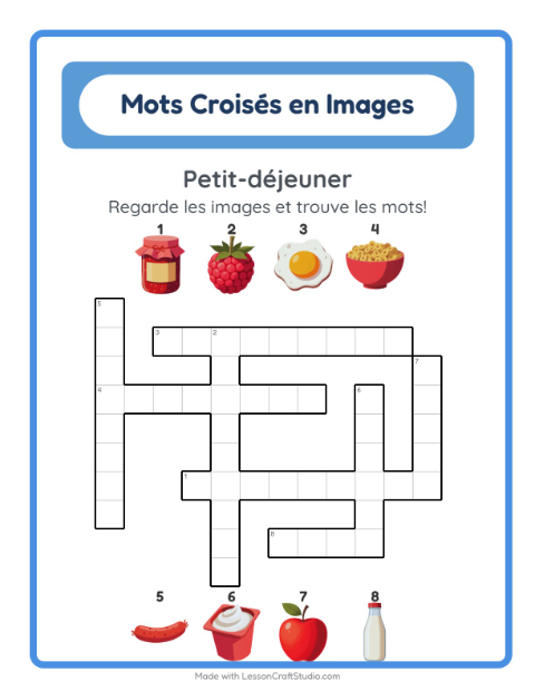 Aperçu de la fiche Mots Croisés avec Petit-déjeuner pour CE1 (cours élémentaire 1)