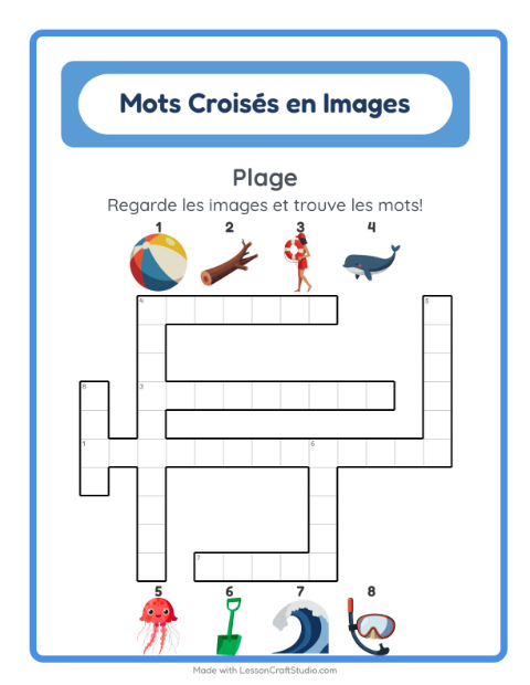 Aperçu de la fiche Mots Croisés avec Plage pour CE1 (cours élémentaire 1)