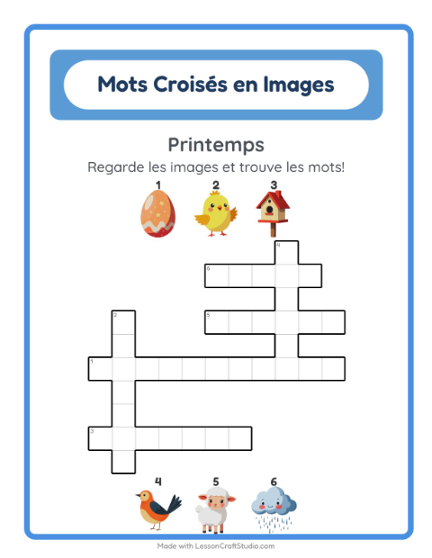 Aperçu de la fiche Mots Croisés avec Printemps pour CE1 (cours élémentaire 1)