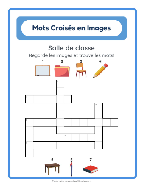 Aperçu de la fiche Mots Croisés avec Salle de classe pour CE1 (cours élémentaire 1)