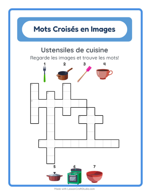 Aperçu de la fiche Mots Croisés avec Ustensiles de cuisine pour CE1 (cours élémentaire 1)