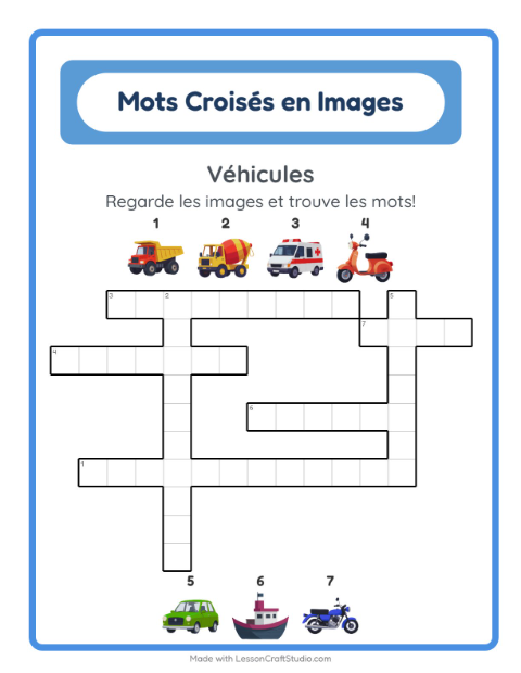 Aperçu de la fiche Mots Croisés avec Véhicules pour CE1 (cours élémentaire 1)