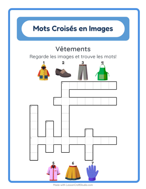 Aperçu de la fiche Mots Croisés avec Vêtements pour CE1 (cours élémentaire 1)