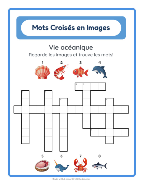Aperçu de la fiche Mots Croisés avec Vie océanique pour CE1 (cours élémentaire 1)