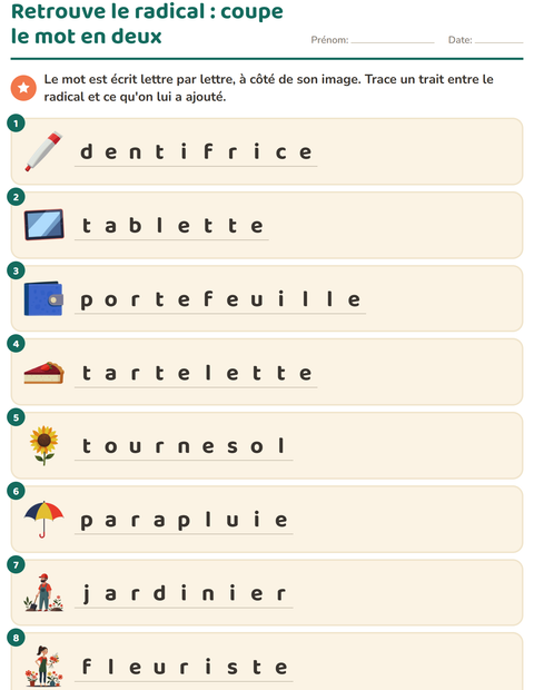 Aperçu de la fiche Mots de la même famille pour CE1 (cours élémentaire 1)