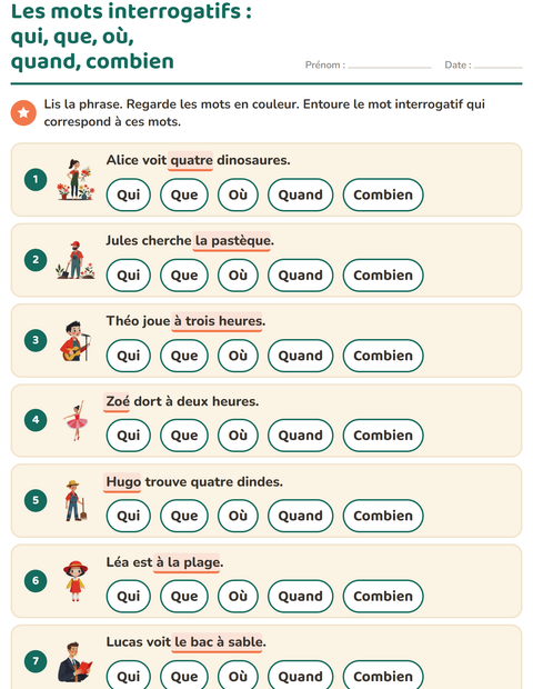 Aperçu de la fiche Les mots interrogatifs pour CP (cours préparatoire)