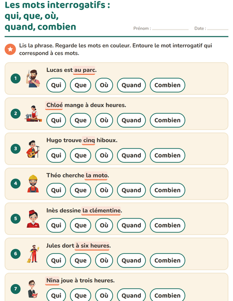 Aperçu de la fiche Les mots interrogatifs pour CP (cours préparatoire)