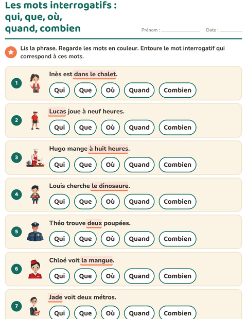 Aperçu de la fiche Les mots interrogatifs pour CP (cours préparatoire)