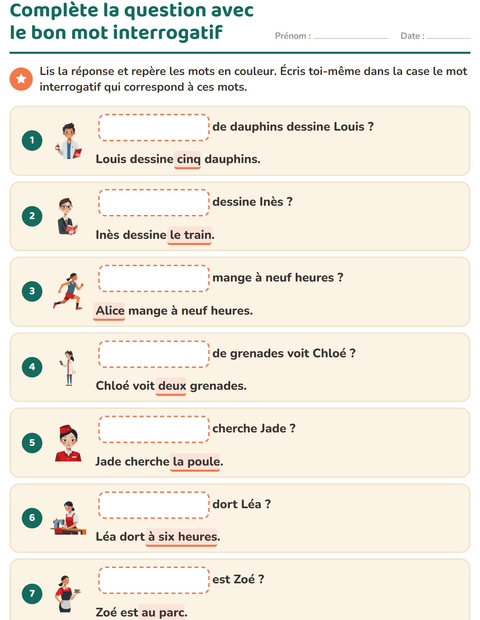 Aperçu de la fiche Les mots interrogatifs pour CP (cours préparatoire)