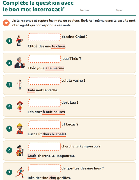Aperçu de la fiche Les mots interrogatifs pour CP (cours préparatoire)