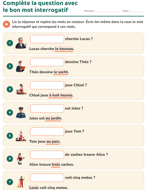 Aperçu de la fiche Les mots interrogatifs pour CP (cours préparatoire)