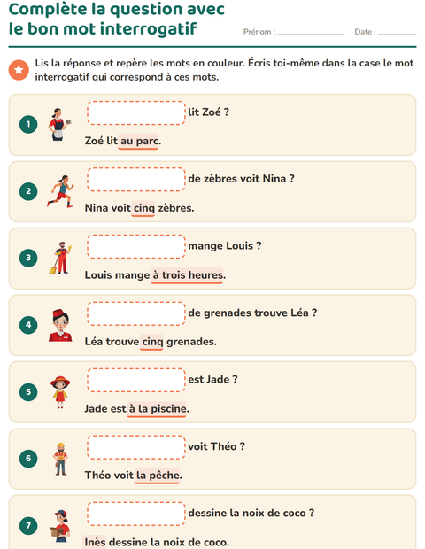 Aperçu de la fiche Les mots interrogatifs pour CP (cours préparatoire)