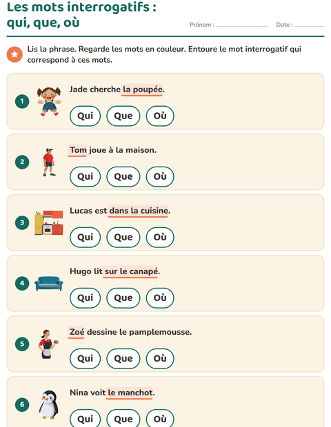 Aperçu de la fiche Les mots interrogatifs pour CP (cours préparatoire)