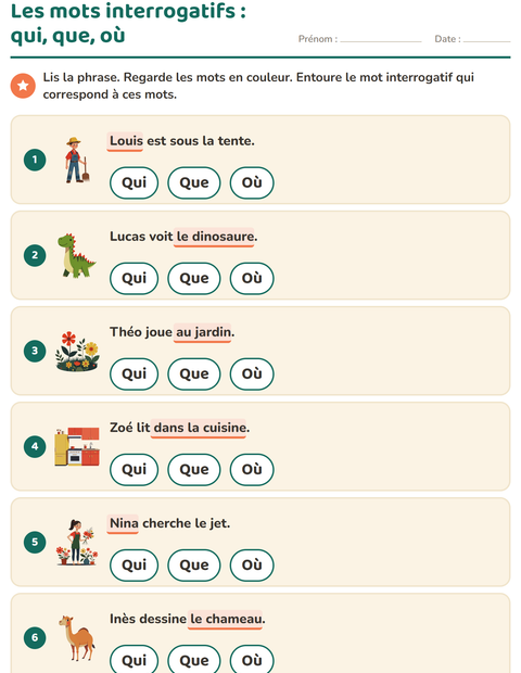 Aperçu de la fiche Les mots interrogatifs pour CP (cours préparatoire)