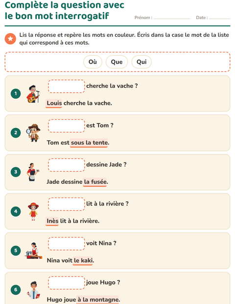 Aperçu de la fiche Les mots interrogatifs pour CP (cours préparatoire)