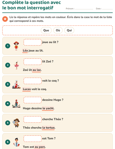 Aperçu de la fiche Les mots interrogatifs pour CP (cours préparatoire)