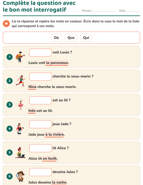 Aperçu de la fiche Les mots interrogatifs pour CP (cours préparatoire)